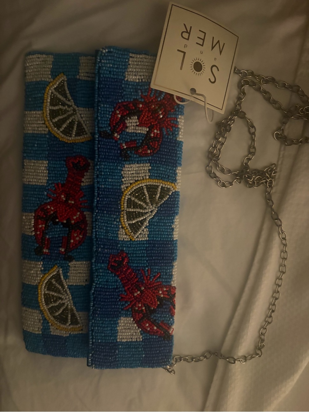Womens Blue Beaded crawfish Lobster & Lemon Crossbody Clutch purse